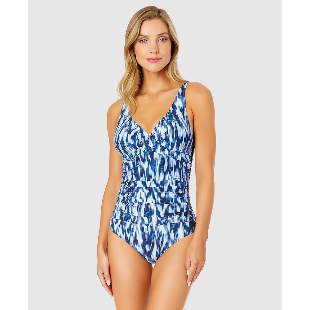 Anne Cole Women Blue White Abstract Twist Front One Piece Swimsuit NWT Sz 6 $108